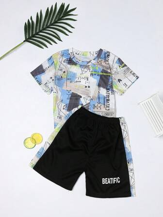 New Arrival Summer Young Boy Quick-Drying Full Print Round Neck T-Shirt And Shorts Sports Set