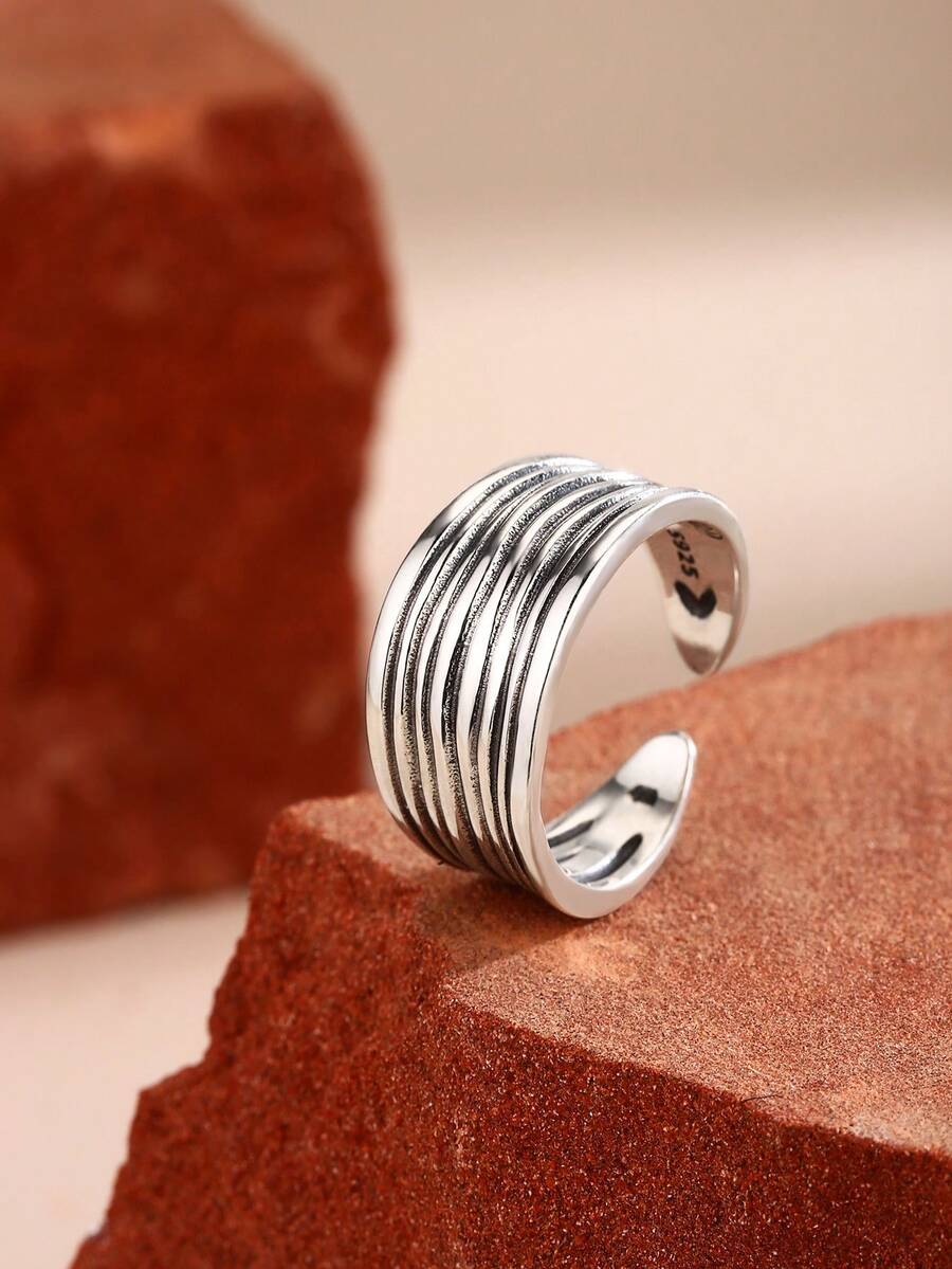 1pc S925 Sterling Silver Ring, Silver Tone Minimalist Line Design Open Ring For Men, Fashionable Personalized Ring For Daily Wear - Silver - View 1