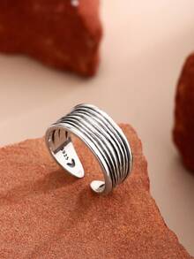 1pc S925 Sterling Silver Ring, Silver Tone Minimalist Line Design Open Ring For Men, Fashionable Personalized Ring For Daily Wear - Silver - View 2