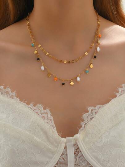 1入時尚雙層不鏽鋼鍊項鍊,星星設計,多彩,女性用,華麗,性感,鎖骨鍊適用於婚禮,慶典和生日