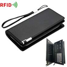 1pc Men's Long Zipper Wallet With Rfid Protection, Multifunctional Card Holder And Large Capacity Coin Pocket, Fashionable, With Hand Strap - Black - View 1