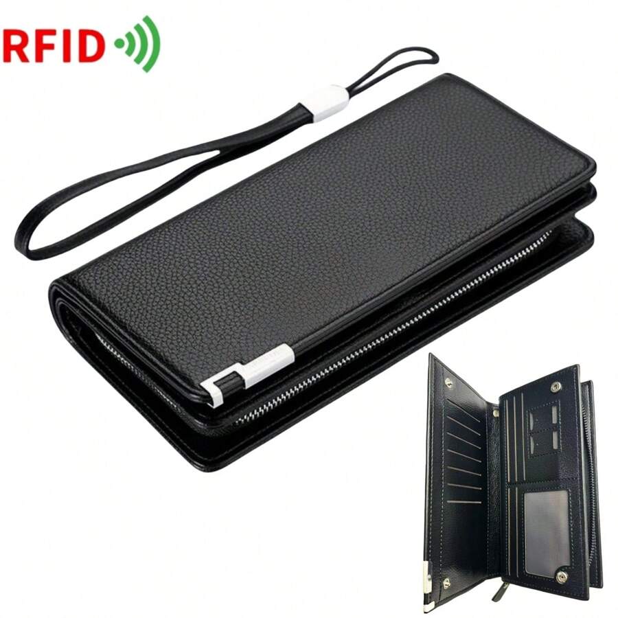 1pc Men's Long Zipper Wallet With Rfid Protection, Multifunctional Card Holder And Large Capacity Coin Pocket, Fashionable, With Hand Strap - Black - View 1