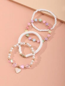 4pcs/Set Girls' Colorful Bead & Clay Flower Beaded Bracelet Set - Multicolor - View 4