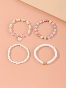 4pcs/Set Girls' Colorful Bead & Clay Flower Beaded Bracelet Set - Multicolor - View 5