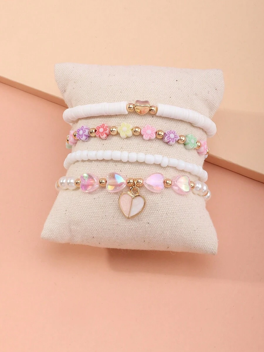 4pcs/Set Girls' Colorful Bead & Clay Flower Beaded Bracelet Set - Multicolor - View 1