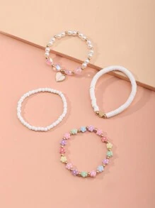 4pcs/Set Girls' Colorful Bead & Clay Flower Beaded Bracelet Set - Multicolor - View 3