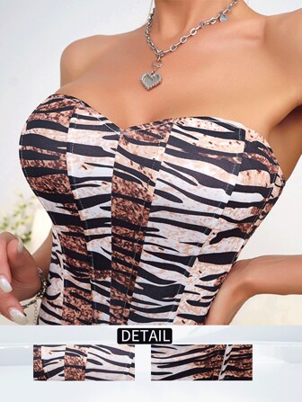 1pc Fashionable Fishbone Waist Cincher Bodice Corset Top With Hook-And-Eye Closure, Strapless Bra