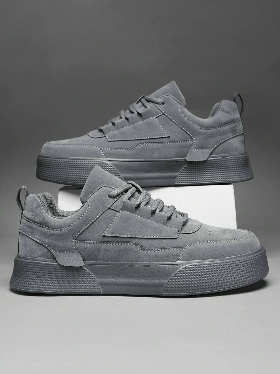 (Size Run Small) Men's Solid Gray Front Lace-Up Skateboard Shoes, Minimalist Style With Splicing Details, Round Toe Low-Top Sneakers