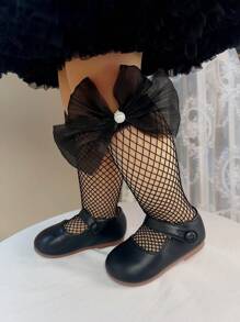 1pair Girls' Pearl & Bowknot Decor Fishnet Stockings - Black - View 1