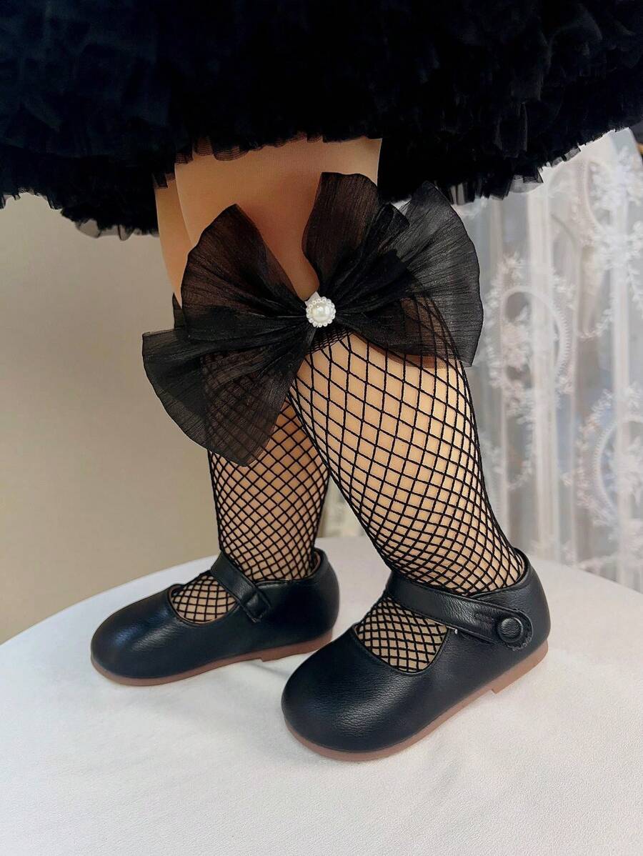 1pair Girls' Pearl & Bowknot Decor Fishnet Stockings - Black - View 1