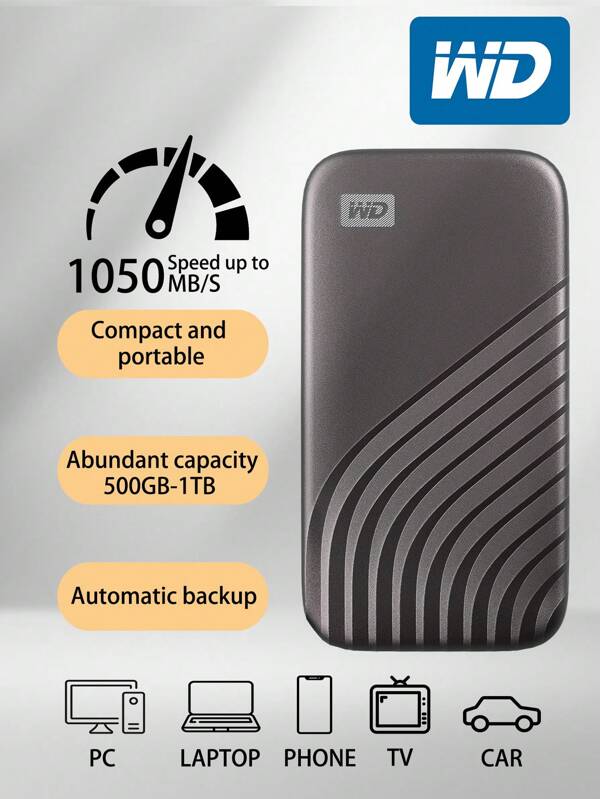 Western Digital Disque SSD externe Western Digital WD My Passport 1To, lecteur d'état unicolore 500 Go USB 3.2 Gen 2 NVMe pour disque dur mobile pour PC
