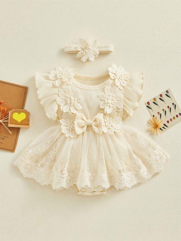 Newborn Baby Girl Cute Short Sleeve Mesh 3D Flower Ruffle Tutu Bodysuit Dress With Headband Sets
