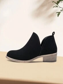 Comfyshoes Women's Fashion Ankle Boots, Perforated Western Booties, Low Heel Chunky Cutout Boots - con nai đen - Xem 1