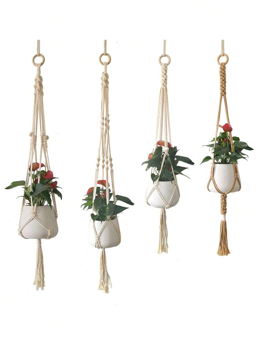 1 Miếng Phong cách Bohemian Dệt thủ công Dây thừng Chậu hoa , Treo Rổ , Thực vật Đồ trang trí Lưới Cái túi , Tua trang trí Đồ trang trí treo - Màu be - Xem 1