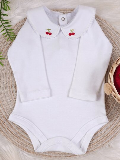 Pure & Posh Baby Body Menina Gola Bordada Cerejinha Manga Longa Branco
