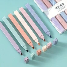 6pcs Dual Tip Fluorescent Highlighter With Soft Tip, Light Color Series, Student Stationery For Note Taking - Multicolor - View 2