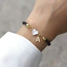 1入經典心形鋯石字母設計可調整繩子手鍊，適用於女性 - 黑色 - 查看 1