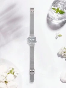 FANSICHEN 1pc Ladies' Silver Multifunction Electronic Watch With Calendar And Week Display, Stainless Steel Milanese Band, Suitable For Daily Wear And Festival Gift - Silver - View 5