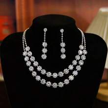 1 Set Of Elegant And Exquisite New Style Double Rows Full Rhinestone Necklace And Earrings Set, Suitable As Gift For Women For Various Evening Occasions