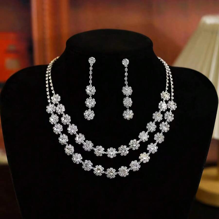 1 Set Of Elegant And Exquisite New Style Double Rows Full Rhinestone Necklace And Earrings Set, Suitable As Gift For Women For Various Evening Occasions