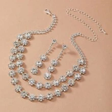 1 Set Of Elegant And Exquisite New Style Double Rows Full Rhinestone Necklace And Earrings Set, Suitable As Gift For Women For Various Evening Occasions
