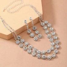 1 Set Of Elegant And Exquisite New Style Double Rows Full Rhinestone Necklace And Earrings Set, Suitable As Gift For Women For Various Evening Occasions