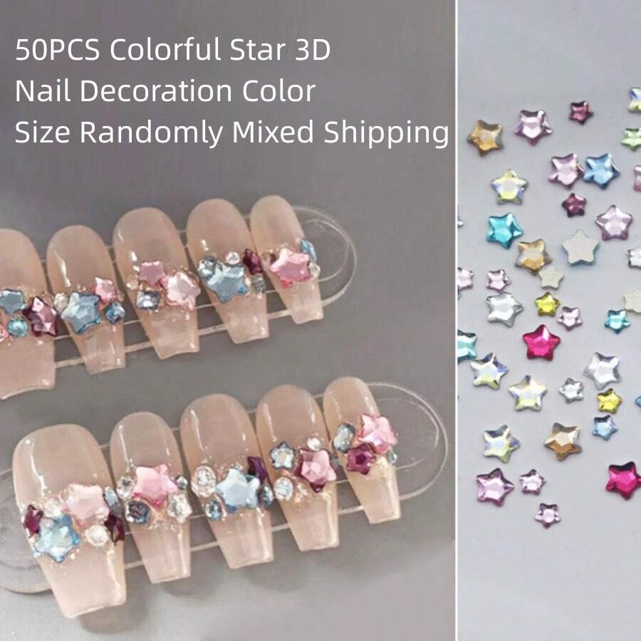 50 件彩色星星 3D 美甲装饰 颜色尺寸随机混合发货 彩色星星美甲平底不对称五角星玫瑰红海蓝浅粉色立体美甲水钻装饰 DIY 美甲饰品美甲宝石美甲用品