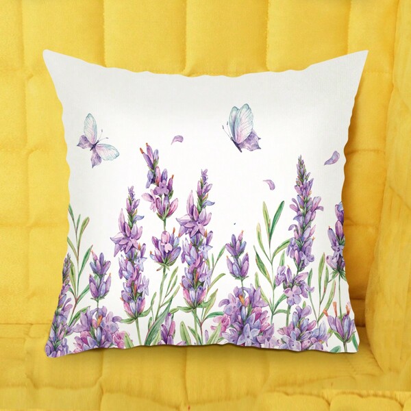 1pc Lavender Butterfly Floral Watercolor Printed Pillowcase, Home Decorative Cushion Cover For Sofa, Throw Pillow Cover