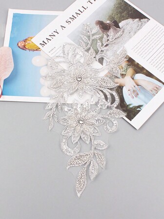 彩色帶珠3d刺繡貼布,婚紗禮服,花邊網紗diy服飾貼花,長約31cm,寬約16cm