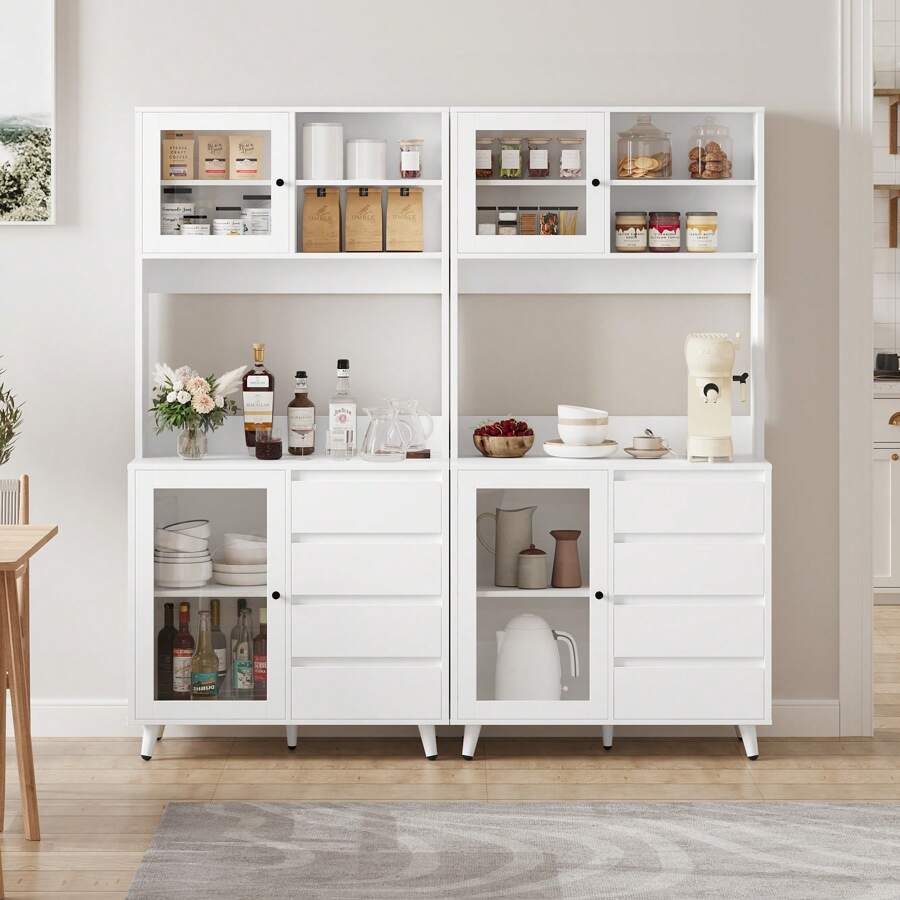 Furchen Alacena Cocina 180 cm, Mueble Auxiliar de Cocina con 2 Puertas de Cristal y 4 cajones, se envía en 2 Paquetes, para Cocina, Comedor 80 x 40 x 180 cm Blanco - Blanco - Ver 1