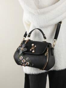 Floral Embroidery Flap Square Bag, Mother's Day Gift For Mom - Black - View 9