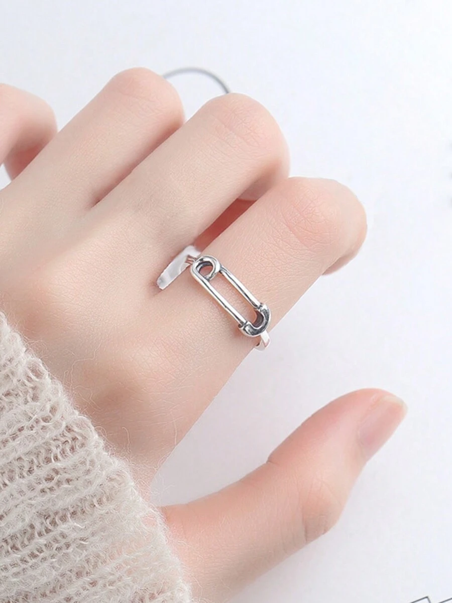 1入簡約925純銀安全別針戒指,開口可調整大小,適用於情人節、日常佩戴 - YW1886 - 查看 1