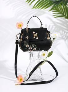 Floral Embroidery Flap Square Bag, Mother's Day Gift For Mom - Black - View 1