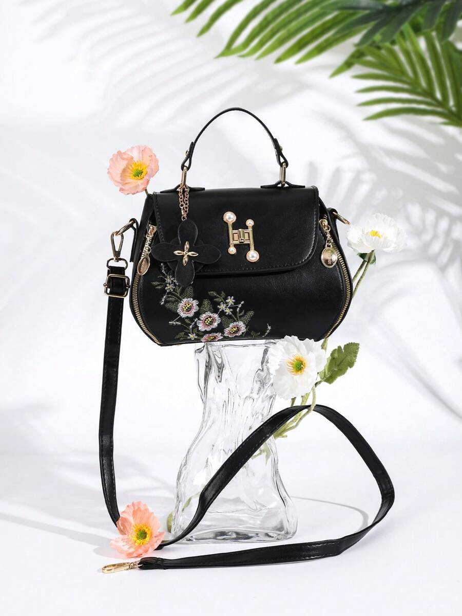 Floral Embroidery Flap Square Bag, Mother's Day Gift For Mom - Black - View 1