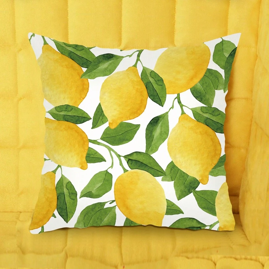 1 Pièce Housse De Coussin Imprimée Jaune Avec Un Motif De Feuille D'arbre De Citron, Housse De Coussin Décorative Pour Canapé À La Maison