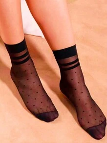 10pairs Durable & Elegant Polka Dot Detail Elastic Nylon & Crystal Socks