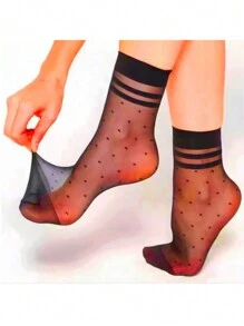 10pairs Durable & Elegant Polka Dot Detail Elastic Nylon & Crystal Socks
