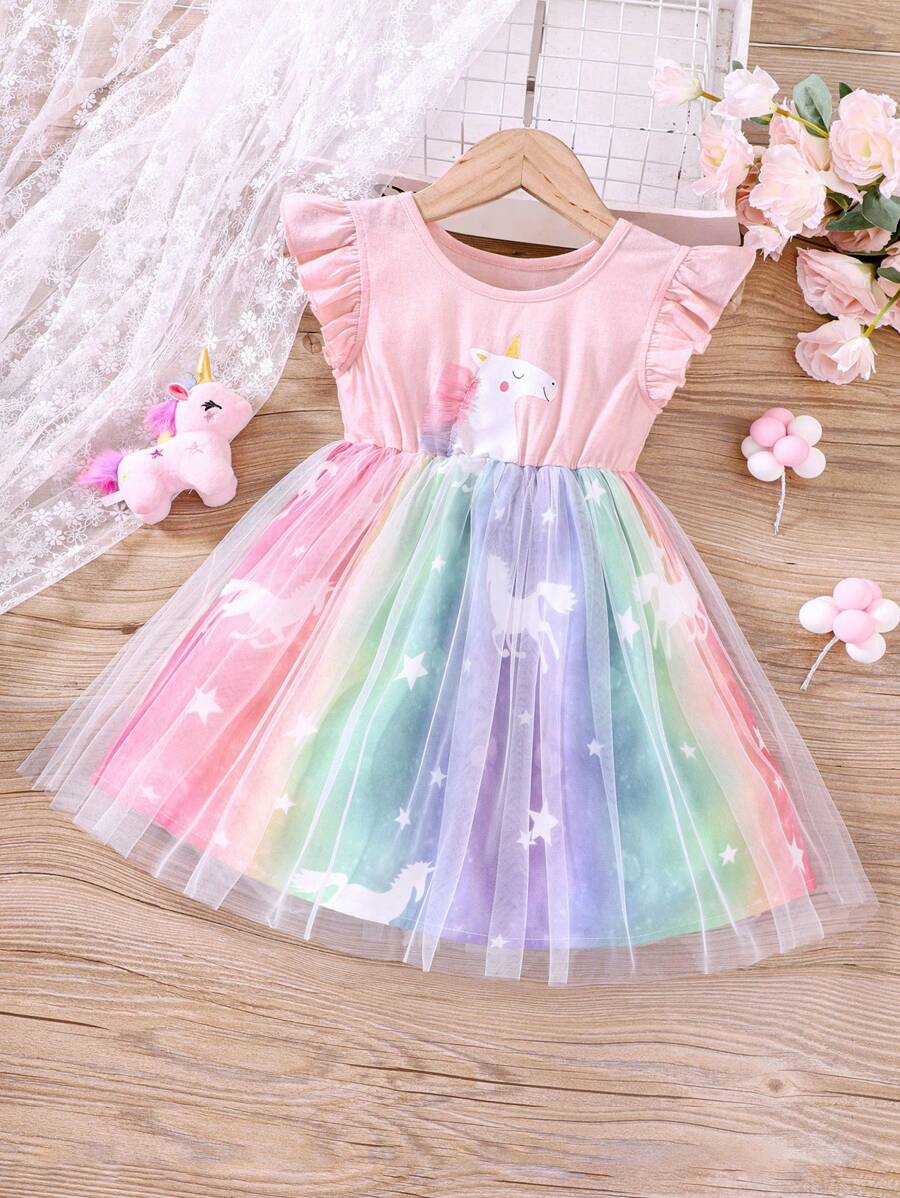 Young Girl's Colorful Unicorn Printed Mesh Dress With Ruffle Hem For Summer