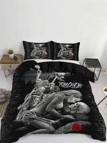 3pcs Skeleton Print Bedding Set, Soft Comfortable Comforter Cover, For Bedroom, Guest Room (1*Comforter Cover + 2*Pillowcase, Without Core)