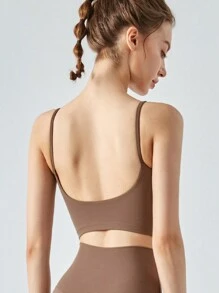 女士運動胸圍U型美背推進瑜伽背心，細肩帶和快乾功能 - 棕色 - 查看 2