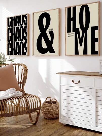 3 件，复古风格黑色和米色引文，Chill Home，Chaos，纹理单色海报，印刷帆布画，无框架，墙壁艺术