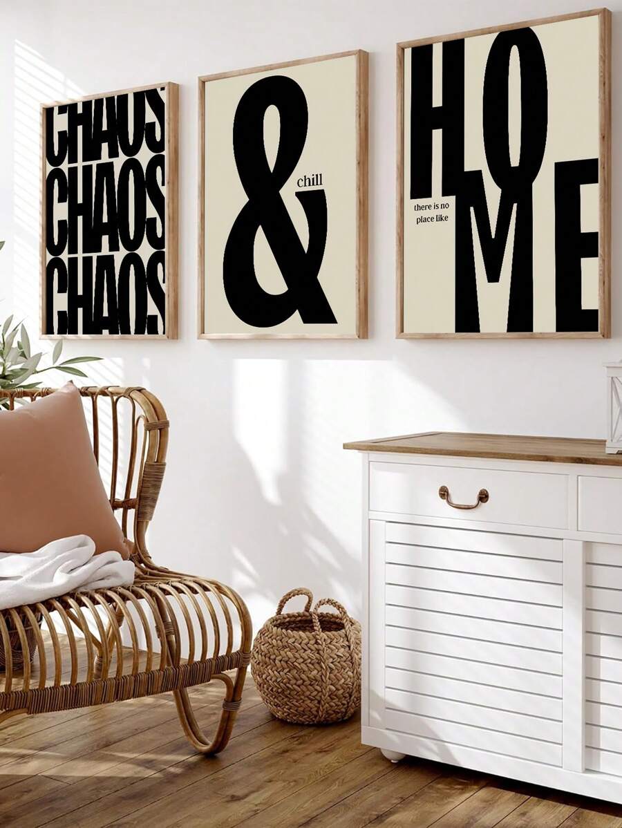 3 件，复古风格黑色和米色引文，Chill Home，Chaos，纹理单色海报，印刷帆布画，无框架，墙壁艺术 - 彩色 - 查看 1