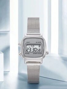 FANSICHEN 1pc Ladies' Silver Multifunction Electronic Watch With Calendar And Week Display, Stainless Steel Milanese Band, Suitable For Daily Wear And Festival Gift - Silver - View 1