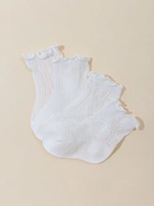 4双女婴袜子，荷叶边、波浪、叶子、镂空网眼设计，透气、百搭、柔软舒适，蕾丝装饰，适合日常穿着或搭配服装。 - 白色 - 查看 4