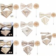 Men Silk Bow Tie Beige Plain Solid Paisley Floral Pre/Self Bow Tie Pocket Square Cufflinks Floral Pin Corsage Wedding Prom Gift Set - Multicolor - View 7