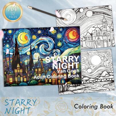 Libro para colorear para adultos de 32 páginas, con estampado del cielo estrellado al estilo de Van Gogh, materiales artísticos, adecuado para el ocio y el entretenimiento, la reflexión y la atención plena - un regalo ideal para hombres, mujeres y adolescentes para Año Nuevo, Ramadán, San Valentín, Navidad y diversos festivales, también una excelente opción para el regreso a la escuela, el Día de la Madre, regalos para mamá, útiles escolares