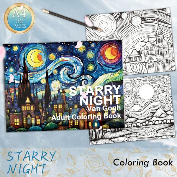Adult Coloring Book With 32 Pages Van Gogh Style Starry Night Coloring Patterns , Art Supplies For Stress Relief , Relaxing , Reflecting And Decompressing - Ideal Christmas Gift For Men , Women And Teens Back To School,Mother's Day,Mom's Gift,Back To School,School Supplies