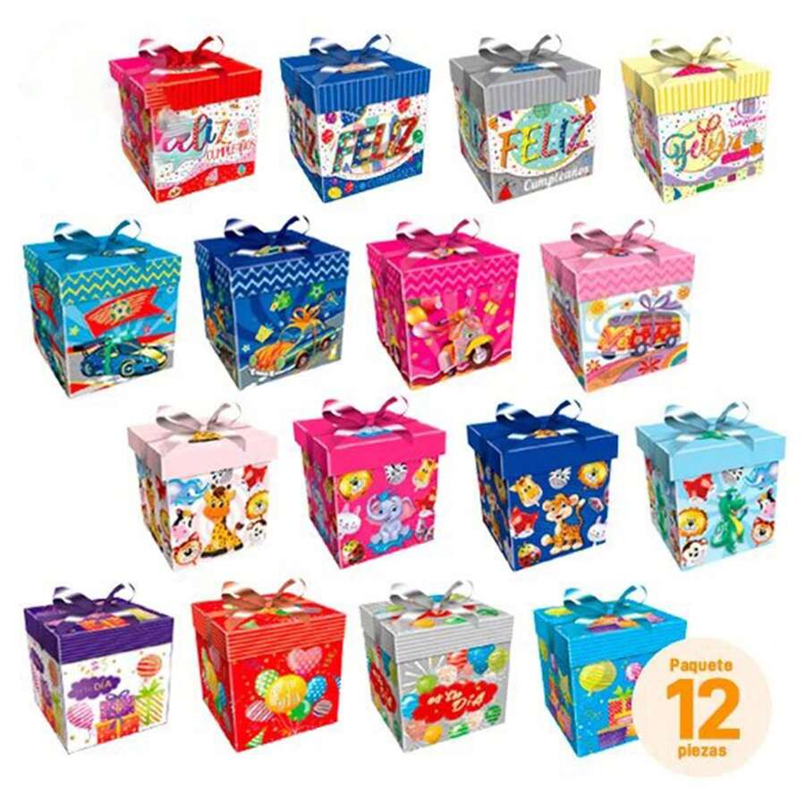 Paquete de 12 Cajas para Regalo Armables para Fiestas con Diseños Diferentes Para Todo Tipo de Regalos 15 x 15 x 15 cm TII-BUY XQ-S119-PAQUETE-12PZS - Multicolor - Ver 1