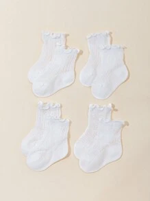 4双女婴袜子，荷叶边、波浪、叶子、镂空网眼设计，透气、百搭、柔软舒适，蕾丝装饰，适合日常穿着或搭配服装。 - 白色 - 查看 1