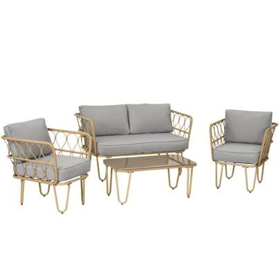 Outsunny Ensemble salon de jardin 4 pièces canapé 2 places + 2 fauteuils + 1 table basse plateau verre trempé 7 coussins - métal et résine tressée - beige